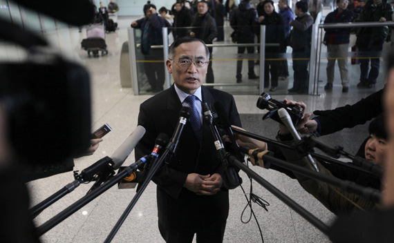 South Korea’s chief nuclear envoy Wi Sung-lac speaks to the media at Beijing airport