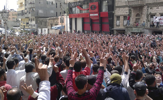 Protesters gather during a demonstration after Friday Prayer in the Syrian port city of Banias May 6, 2011.