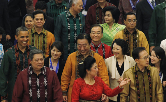 Leaders walk during dinner at the East Asia Summit gala dinner in Nusa Dua, Bali