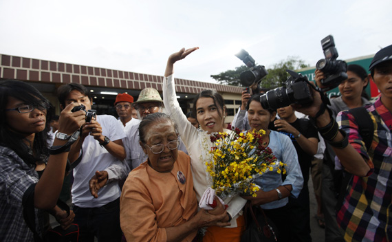 Su Su Nway, a 39-year-old labor activist, arrives at Yangon’s domestic airport October 16, 2011. Nway was released from a prison in northern Burma when the government granted amnesty to her and other political prisoners on October 12.