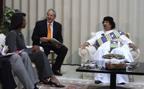 Libyan leader Muammar Qaddafi meets with U.S. Secretary of State Condoleezza Rice in Tripoli on September 5, 2008.