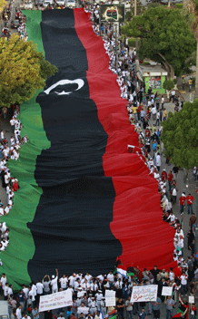 Libyan protesters carry a Kingdom of Libya flag during a rally against Muammar Gaddafi in Benghazi July 1, 2011. REUTERS/Thaier al-Sudani