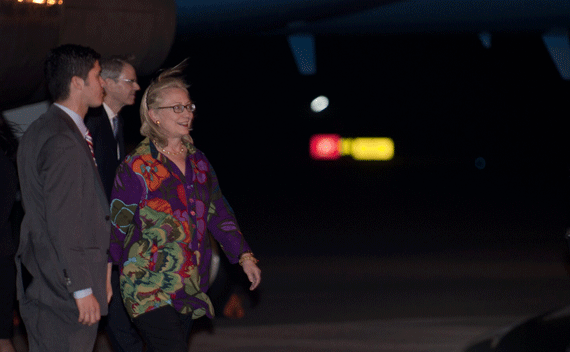 Secretary of State Hillary Clinton arrives in Indonesia on July 21, 2011.