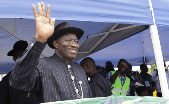 Nigerian President Goodluck Jonathan casts his ballot in his home village of Otuke, Bayelsa state on April 16, 2011.