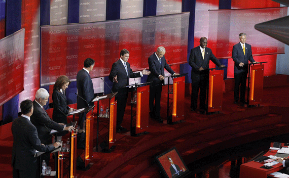 GOP presidential candidates (L-R) : former Pennsylvania Senator Rick Santorum, former House of Representatives Speaker Newt Gingrich, Rep. Michele Bachmann (R-MN) , former Massachusetts Governor Mitt Romney, Texas Governor Rick Perry, Rep. Ron Paul, (R-TX), Herman Cain, and former U.S. ambassador to China Jon Huntsman, stand on stage during the Reagan Centennial GOP presidential primary debate at the Ronald Reagan Presidential Library in Simi Valley, California September 7, 2011. REUTERS/Mario Anzuoni