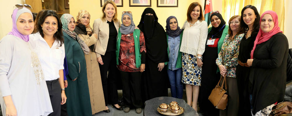 CEO Dana J. Hyde and others with female plumbers who participated in MCC-backed training in Jordan. (Photo courtesy of MCC)