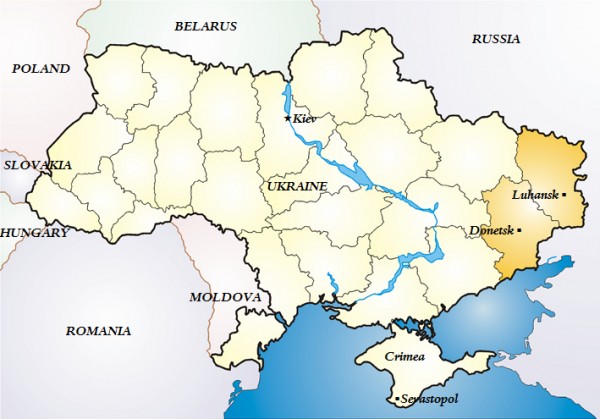 MAP OF UKRAINE HIGHLIGHTING THE DONBAS REGION