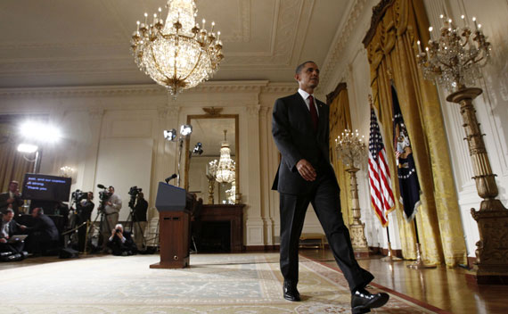 President Barack Obama leaves the East Room after making a statement about the situation in Libya on March 18, 2011.