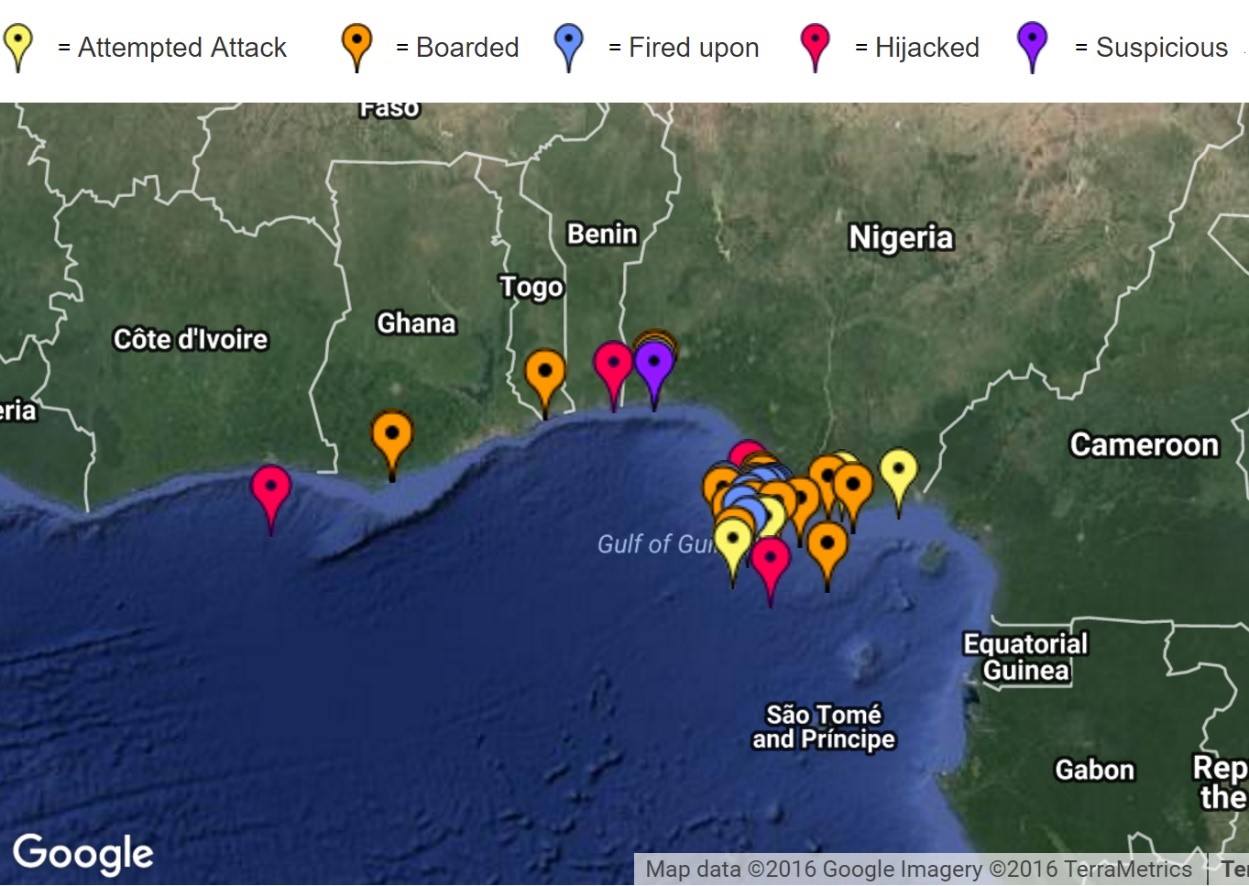 2016 Gulf of Guinea attacks reported by International Maritime Bureau. 