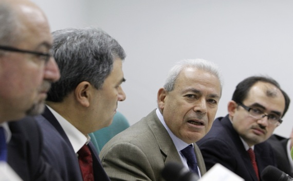 Opposition delegation of the Syrian National Council, led by Chairman Burhan Ghalioun, attend a news conference during their visit to Moscow on November 15, 2011 (Denis Sinyakov/Courtesy Reuters).