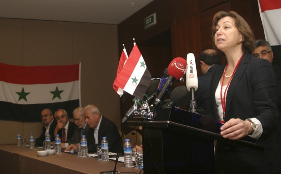 Syrian National Council spokeswoman Basma Qadmani gives her address during a meeting in Istanbul on October 2, 2011 (Stringer Turkey/Courtesy Reuters).