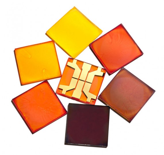 Solar perovskites on glass—researchers can vary the color and transparency of the coatings, enabling new applications.