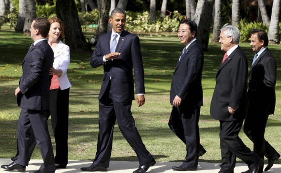 World leaders arrive to take family photo at the APEC Summit in Honolulu, Hawaii on November 13, 2011.