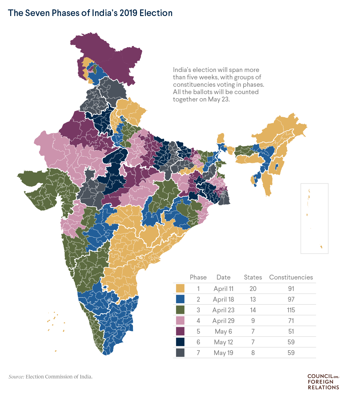 A map showing when voting starts throughout India.