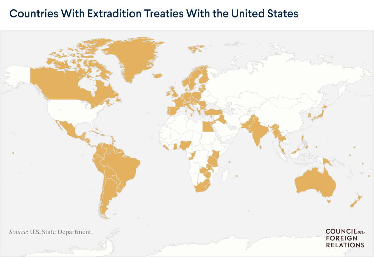 A map of countries with extradition treaties with the U.S.