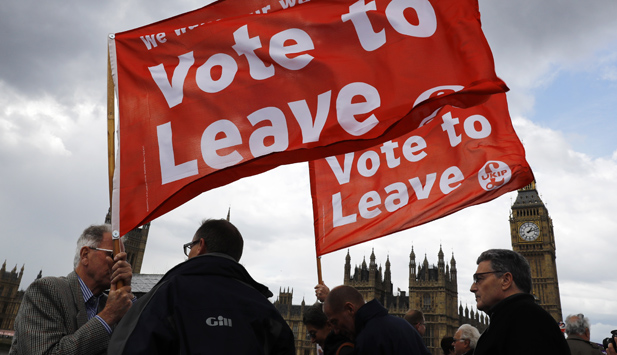 Leave campaigners wave banners in front of Parliament