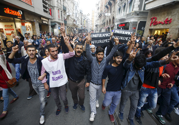 Demonstrators in central Istanbul attend a protest against Saturday’s bombings in Ankara