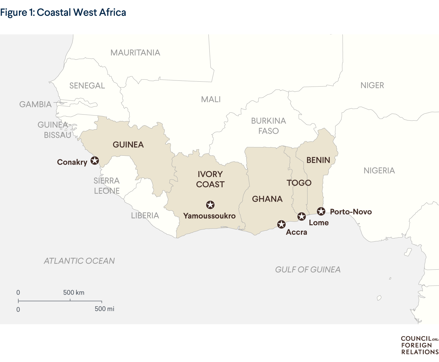 A map of the five coastal West African countries selected for the GFA.