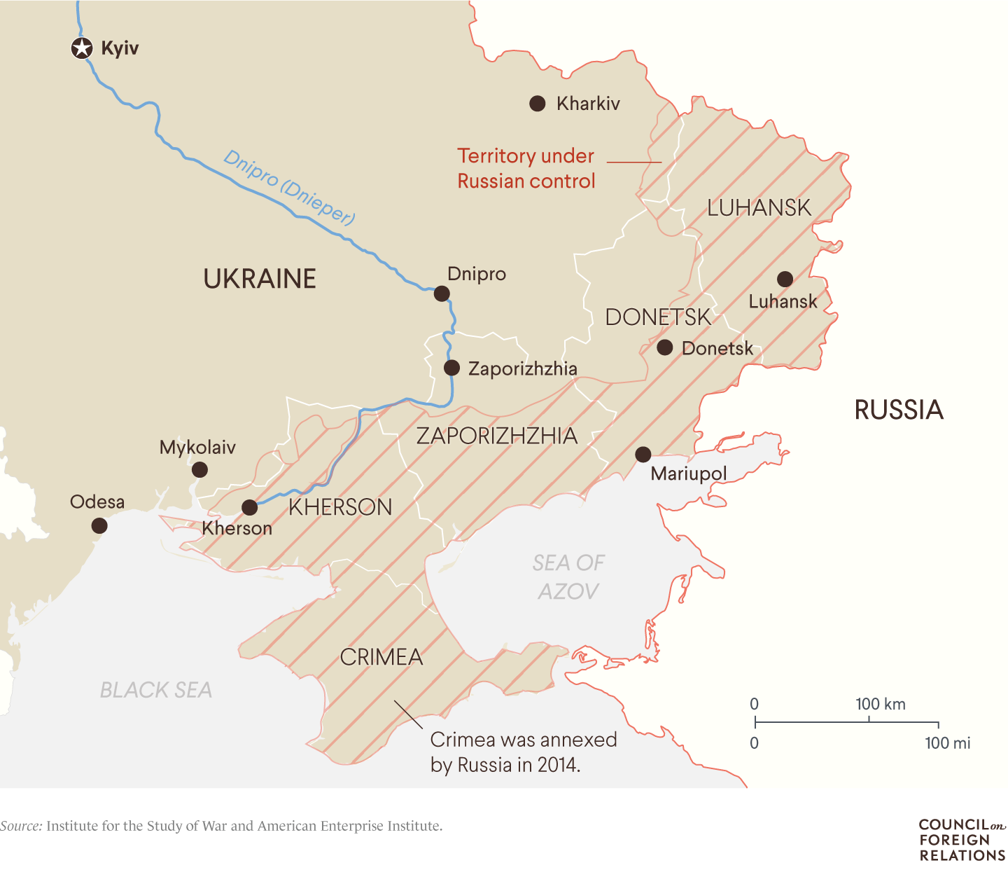 A map of eastern Ukraine showing the four oblasts Russia aims to annex.