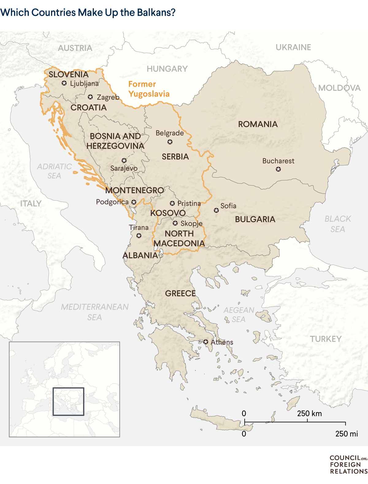 A map of the Balkan countries, showing which are part of the former Yugoslavia