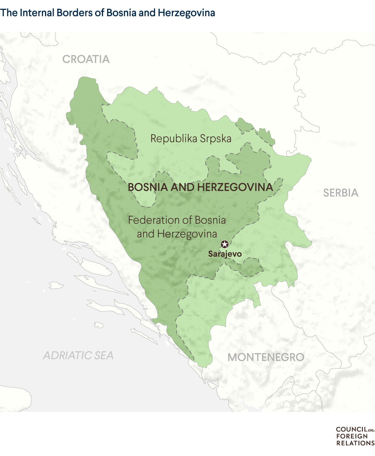 A map of Bosnia and Herzegovina showing the borders of the Federation of Bosnia and Herzegovina and Republika Sprska