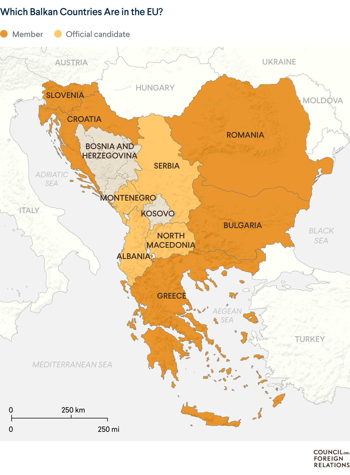 A map of which Balkan countries are in the EU