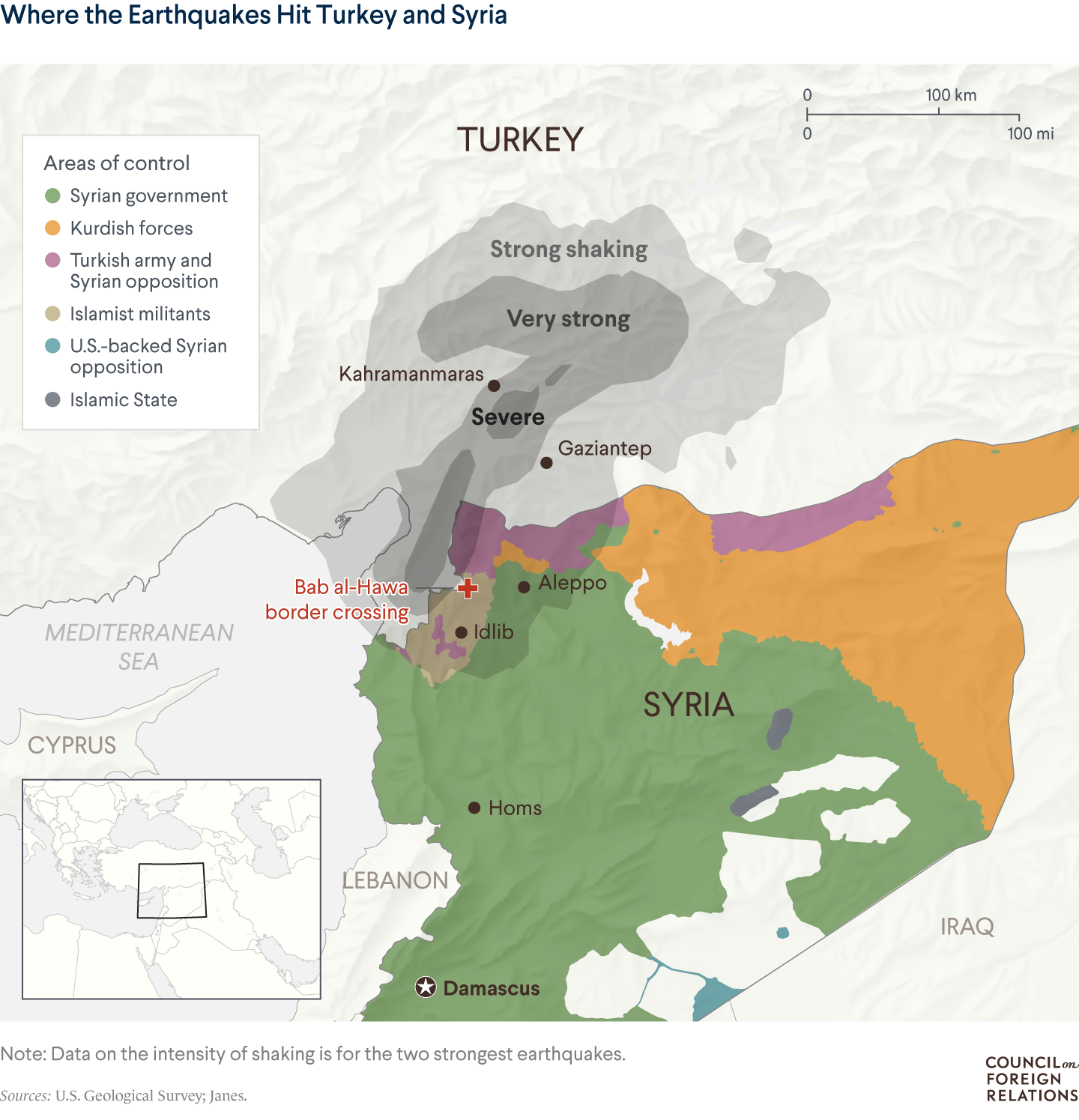 A map of Turkey and Syria showing the areas affected by the earthquakes and the areas of Syria under the control of different factions.