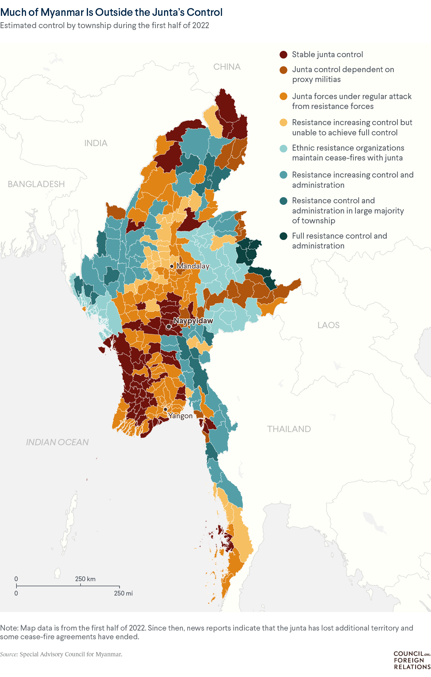 A map of Myanmar showing that the junta has limited control over the country