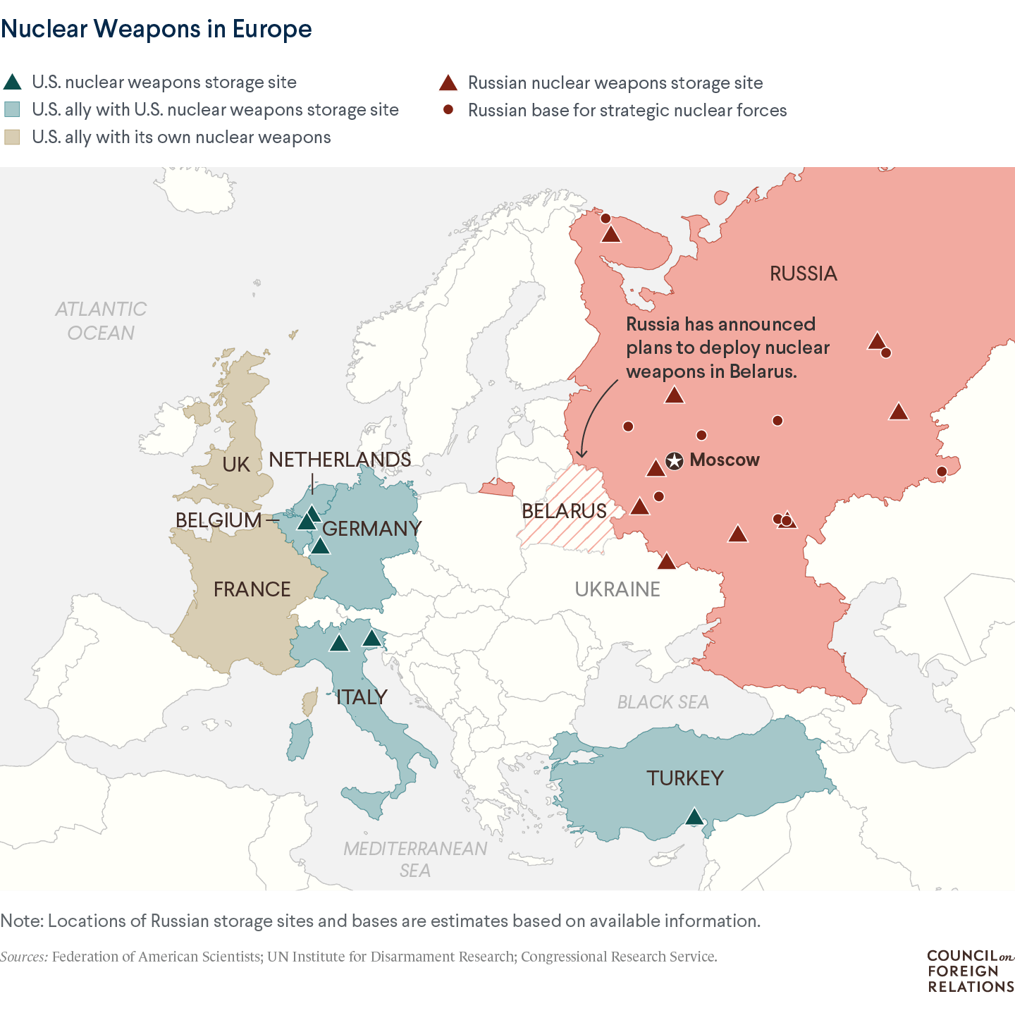 A map of Europe showing the location of six U.S. nuclear weapon storage sites in U.S. allies, and nine Russian nuclear weapon storage sites in western Russia.