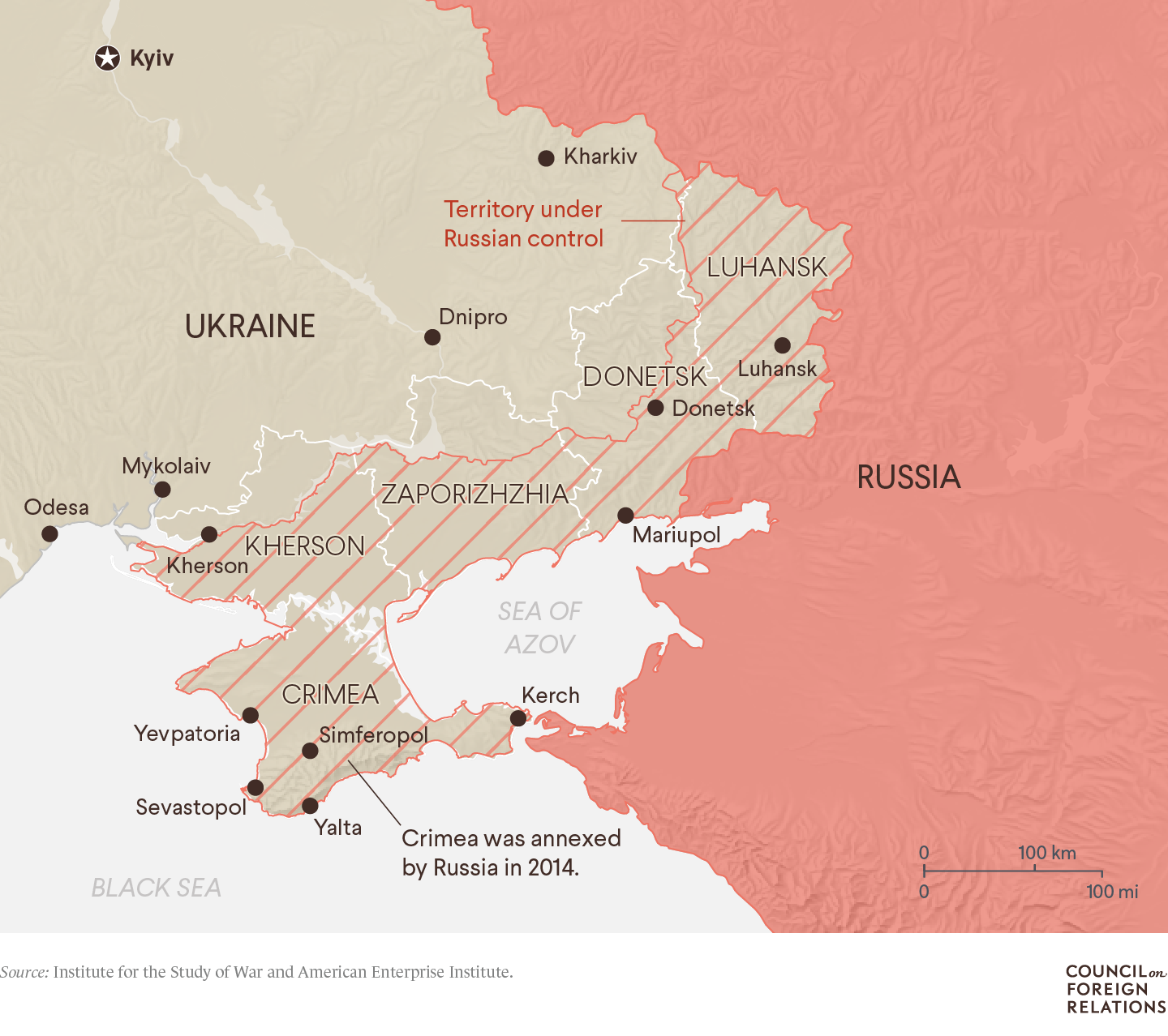 A map of eastern Ukraine showing territory under Russian control, including Crimea in the south