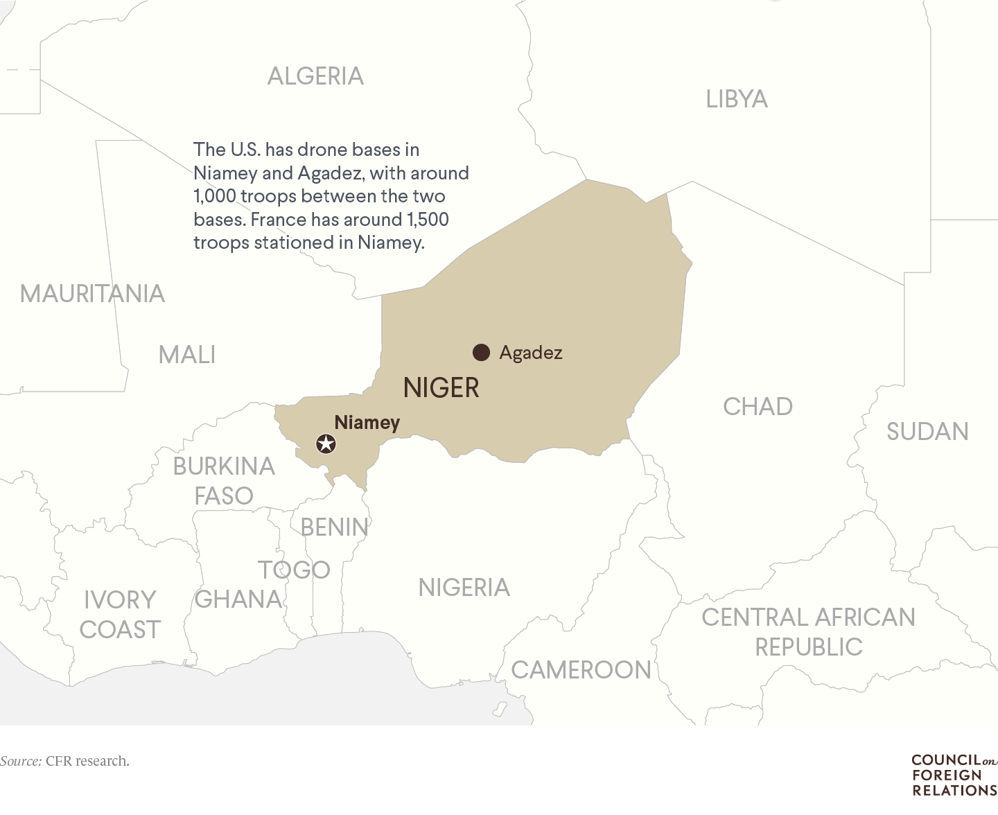 A map of Niger showing the location of the capital, Niamey, and noting the presence of U.S. drone bases in Niamey and Agadez.