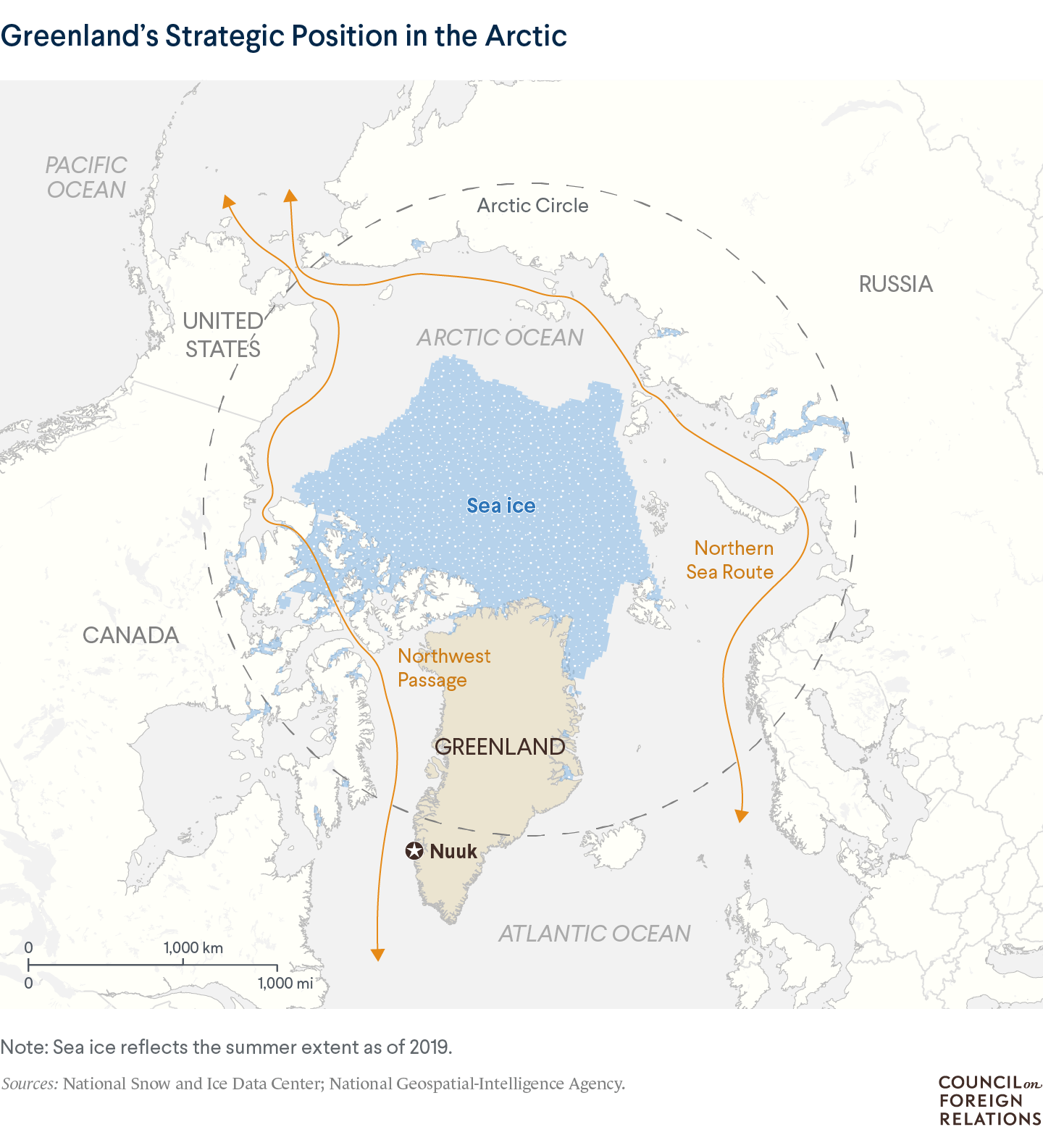 A map of the Arctic showing Greenland and the extent of sea ice, and possible shipping routes