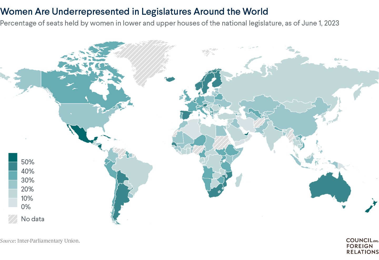 A map of women's representation in legislatures by country, showing most countries below 50%