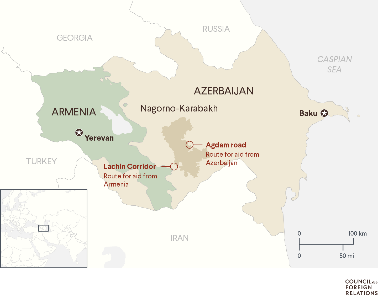 A map of Nagorno-Karabakh showing the location of the Agdam road and the Lachin Corridor