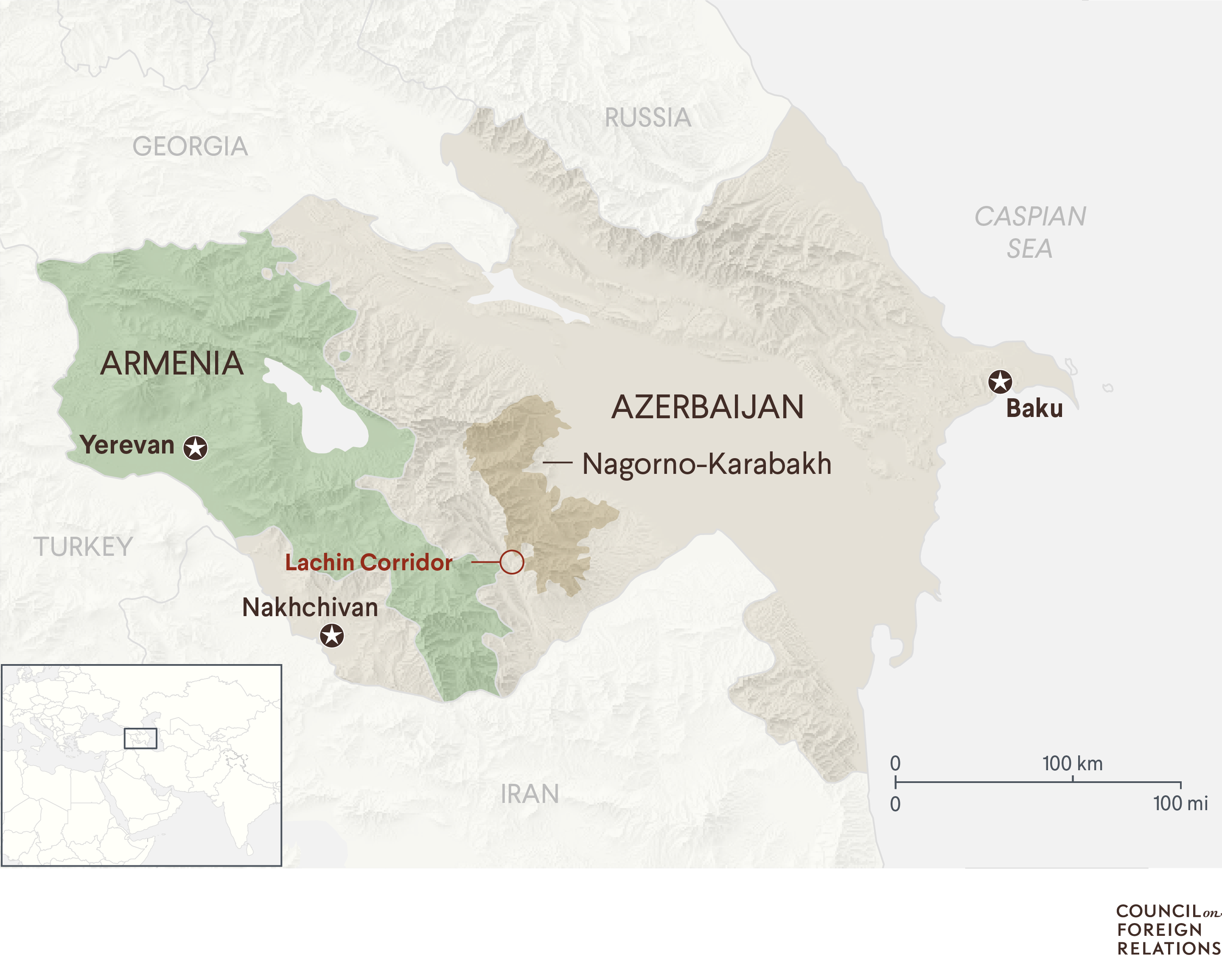 A map of Armenia and Azerbaijan highlighting Nagorno-Karabakh