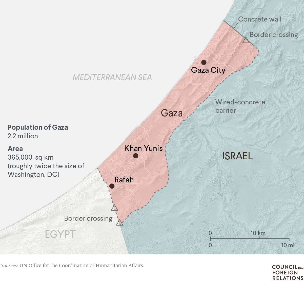 A Gaza map showing major cities, border crossings and data on population size and total area