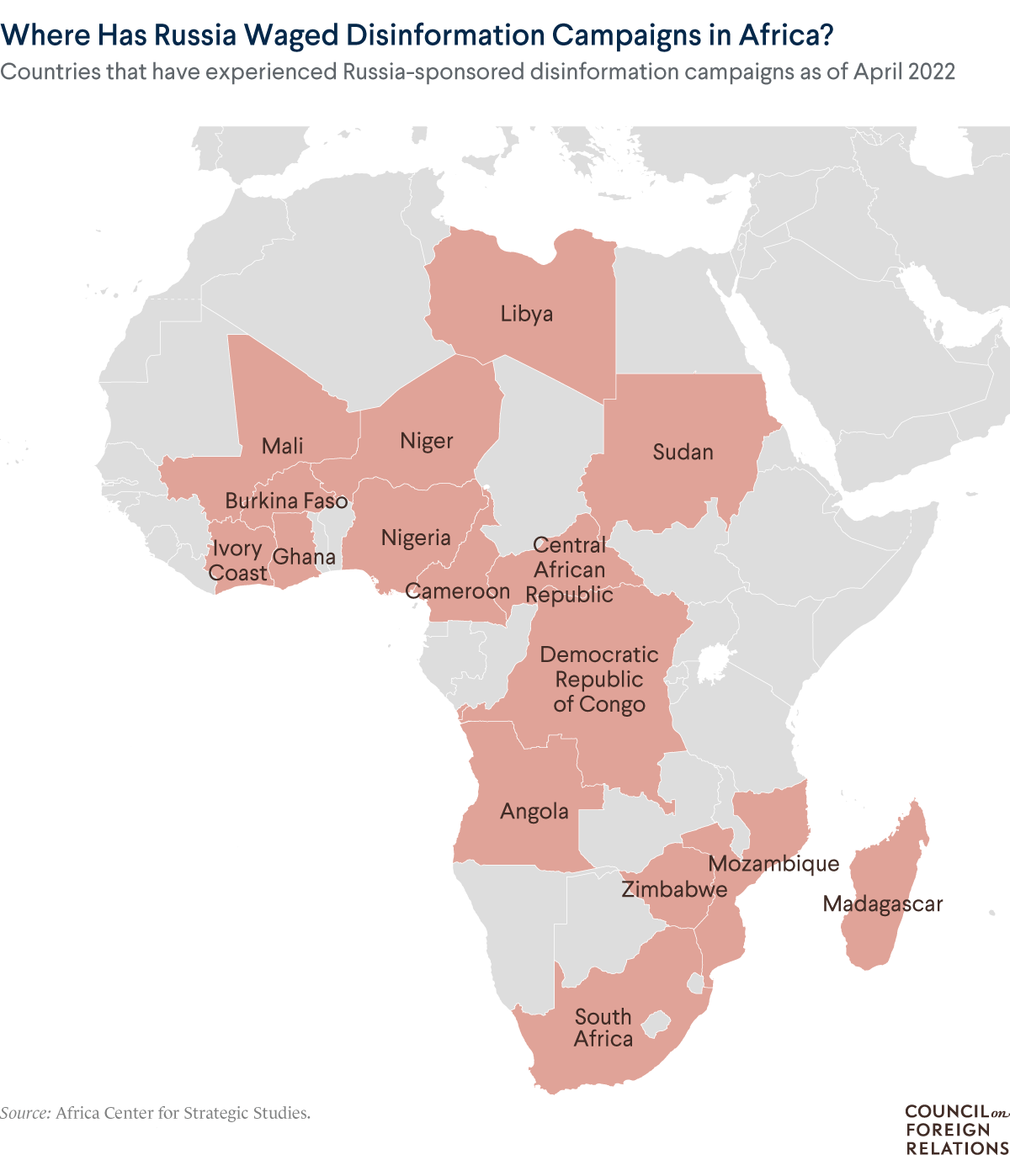A map showing that Russia has waged disinformation campaigns in several African countries