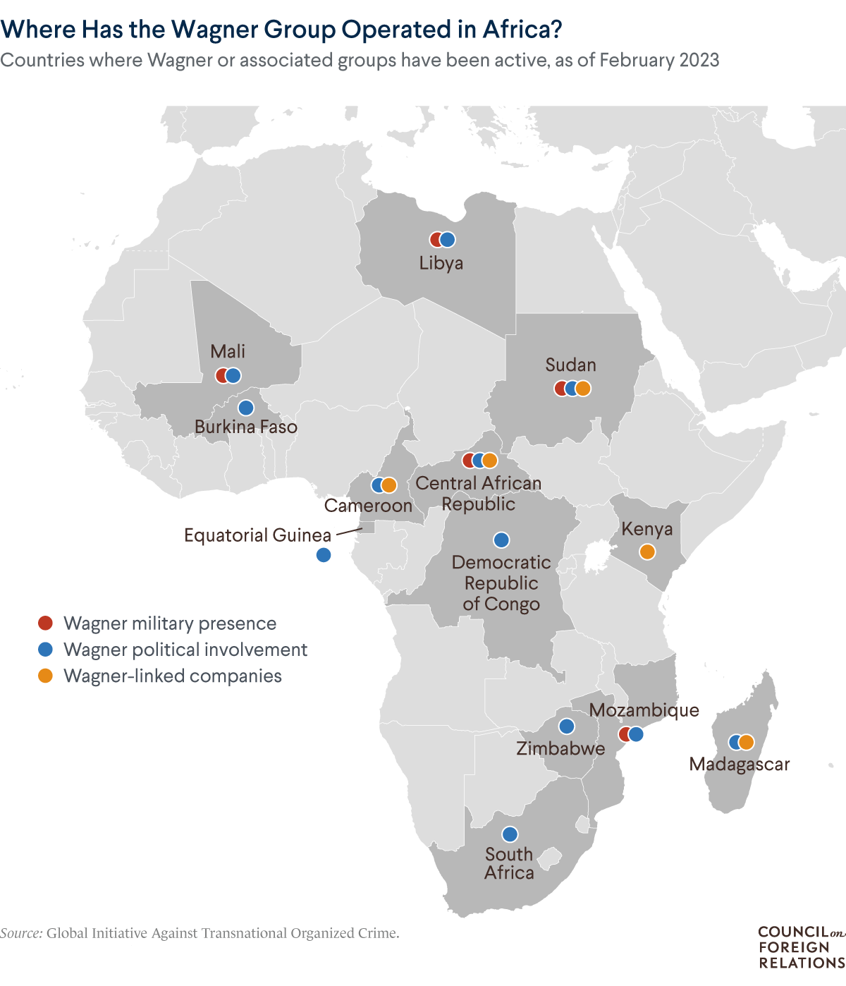 A map showing that the Wagner group has been active in several African countries