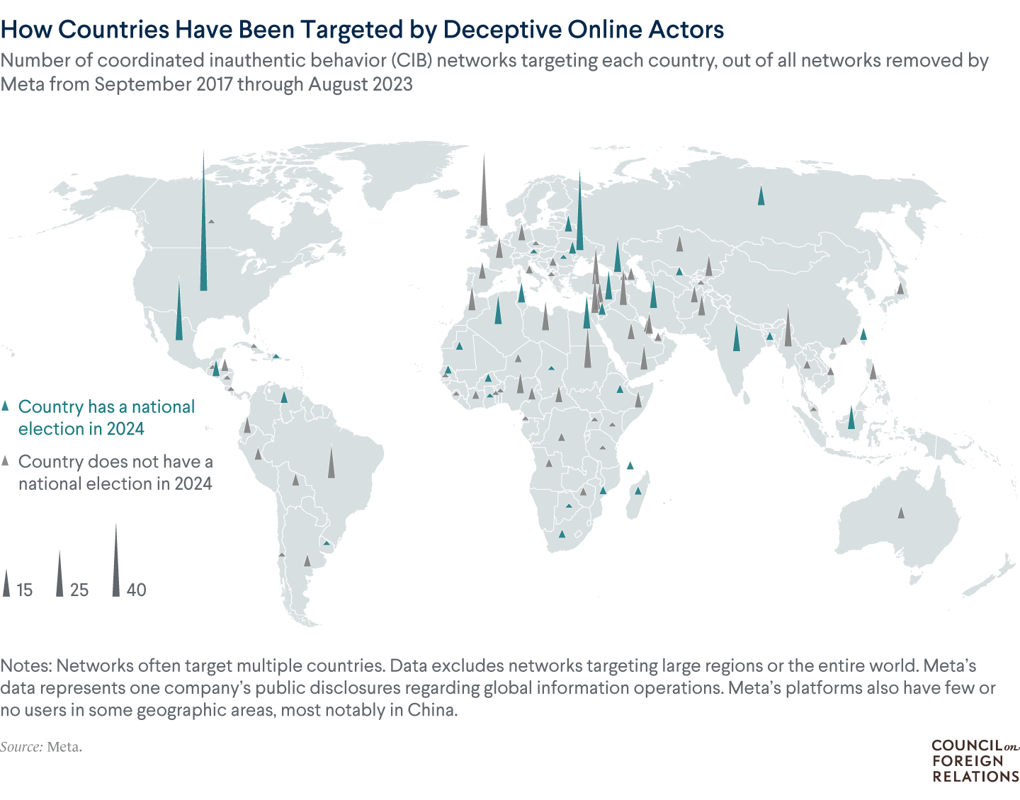 A map of which countries have been targeted by deceptive online actors, based on networks removed by Meta in recent years.