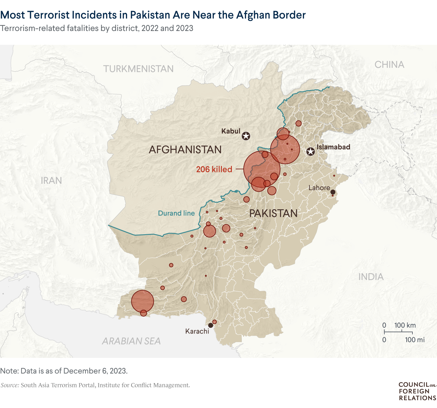 A map of Pakistan showing that the majority of major terrorist incidents occurred near the Afghan border