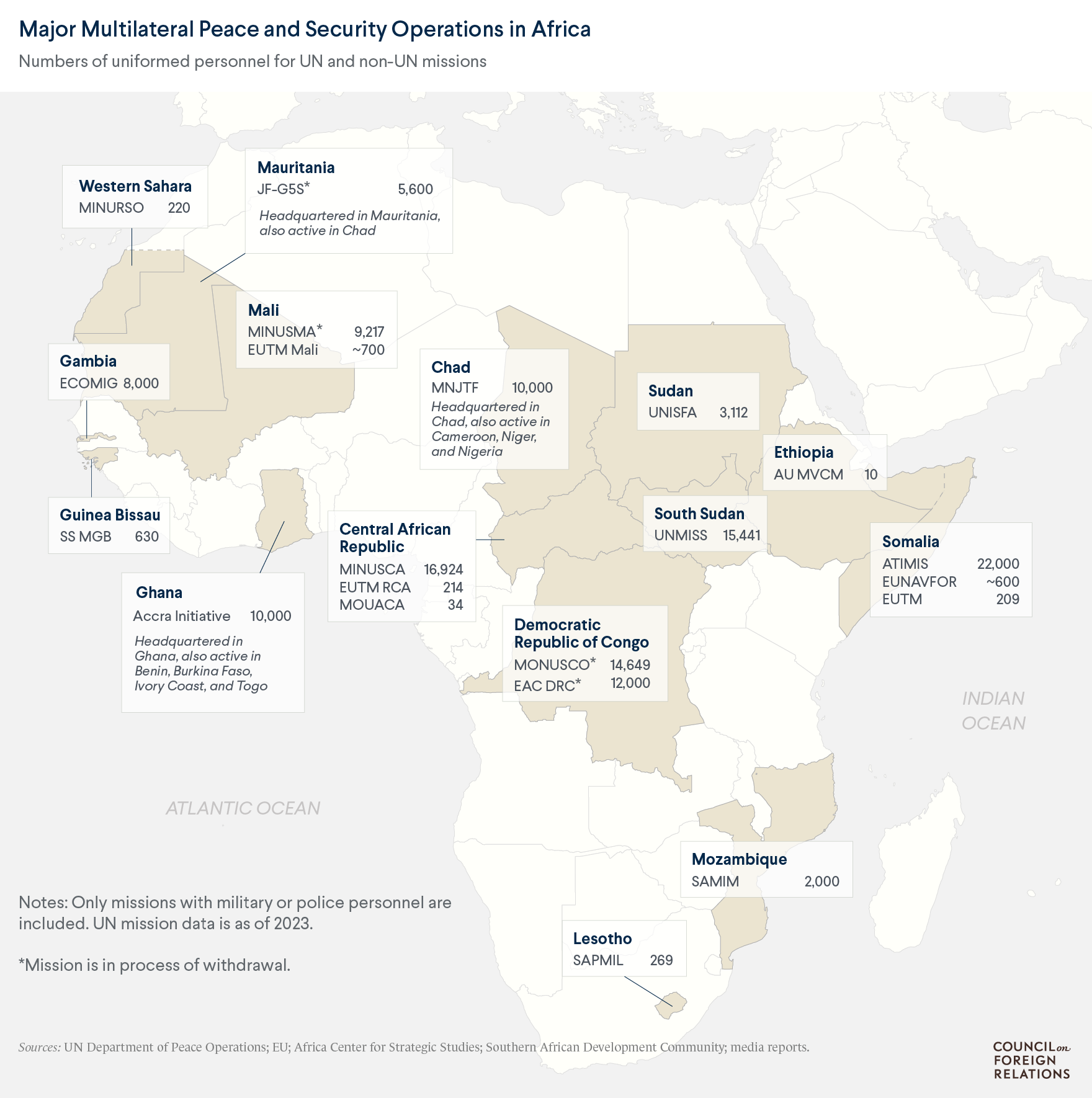 A map of Africa showing the locations of multilateral peace and security operations