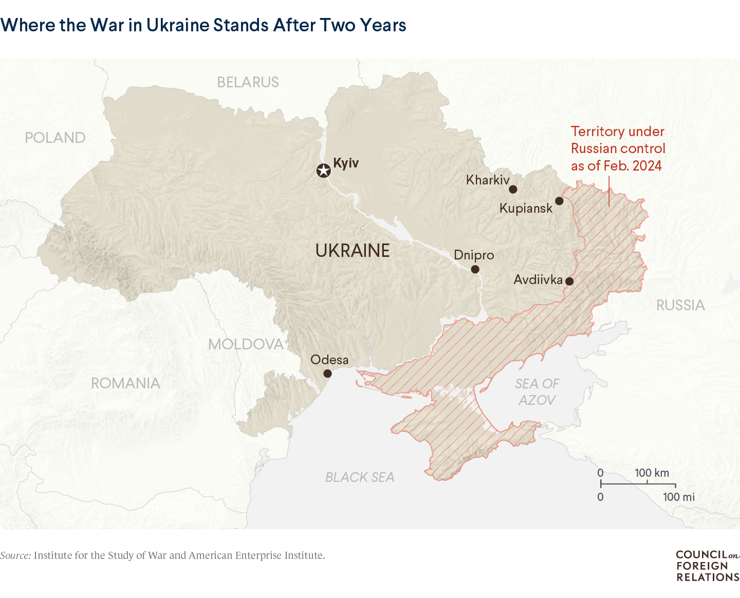 A map of Ukraine showing that Russia has conquered territory in the east of the country