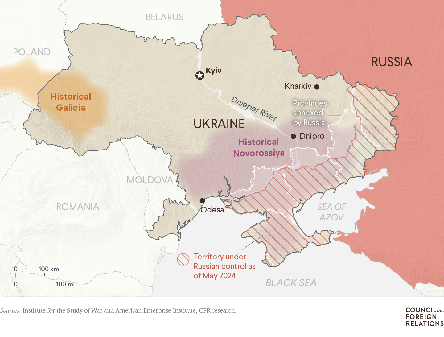 A map of Ukraine showing historical Novorossiya and historical Galicia