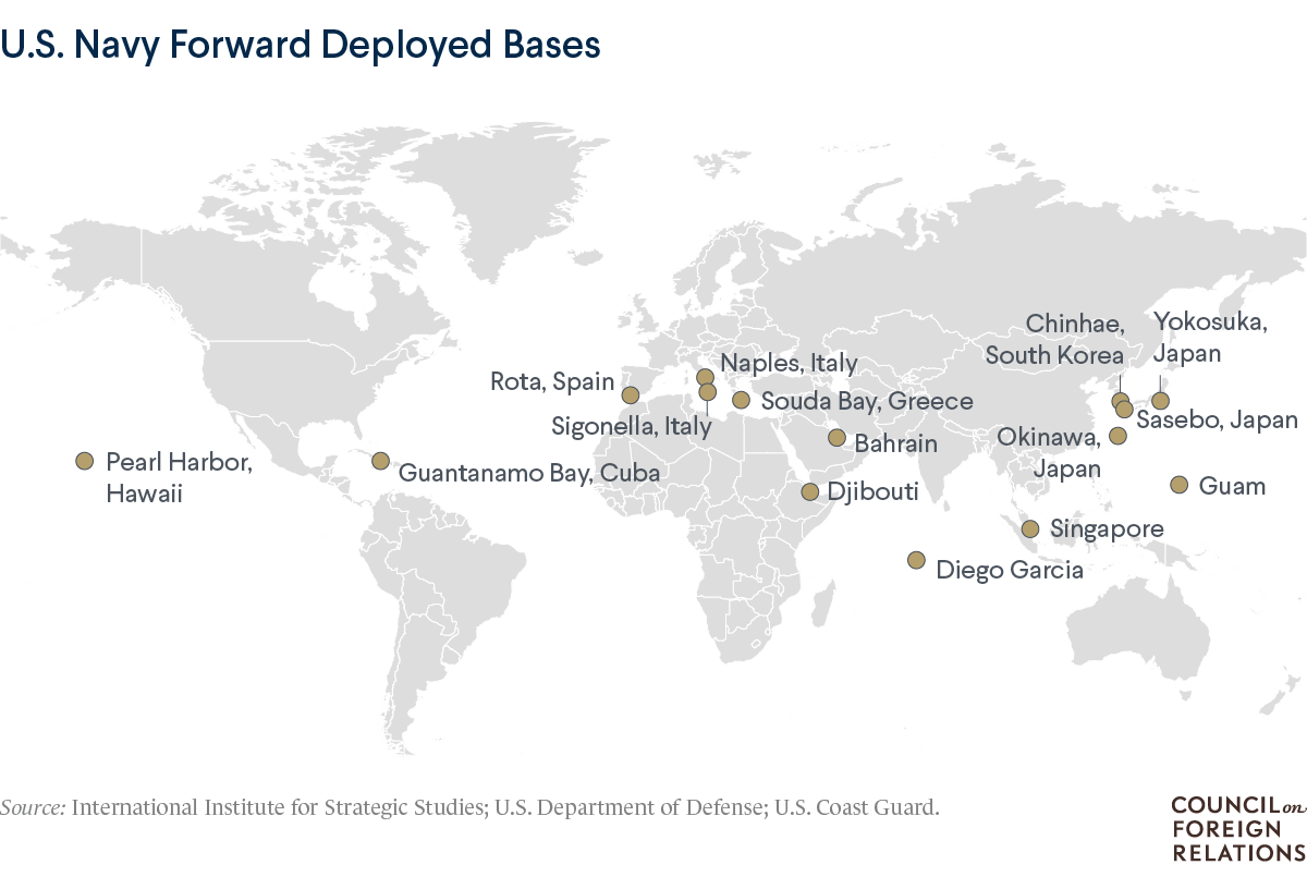 A map of the U.S. Navy's forward deployed bases, showing fifteen bases throughout the world