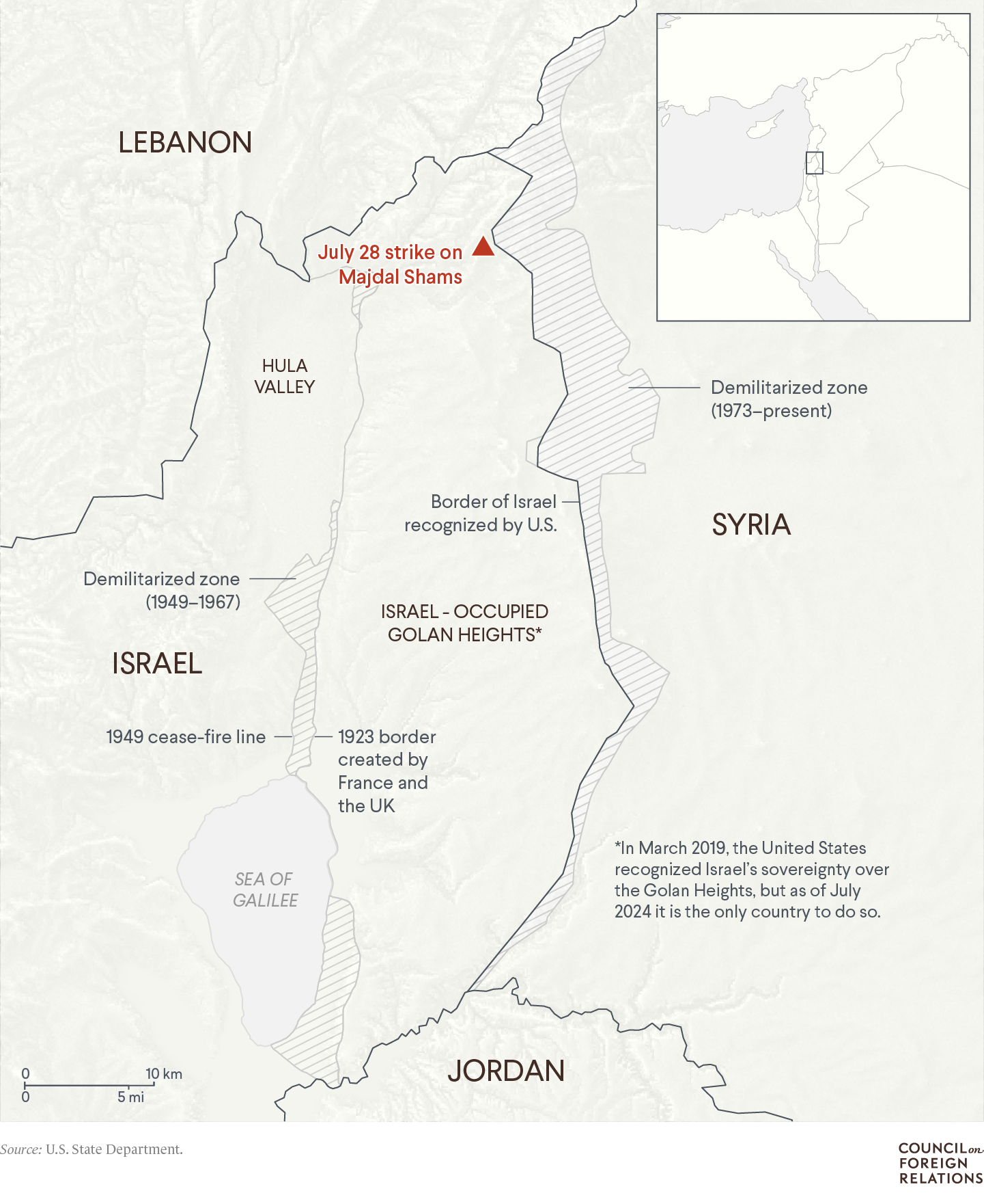A map of the Golan Heights showing the location of the July 28 strike on Majdal Shams