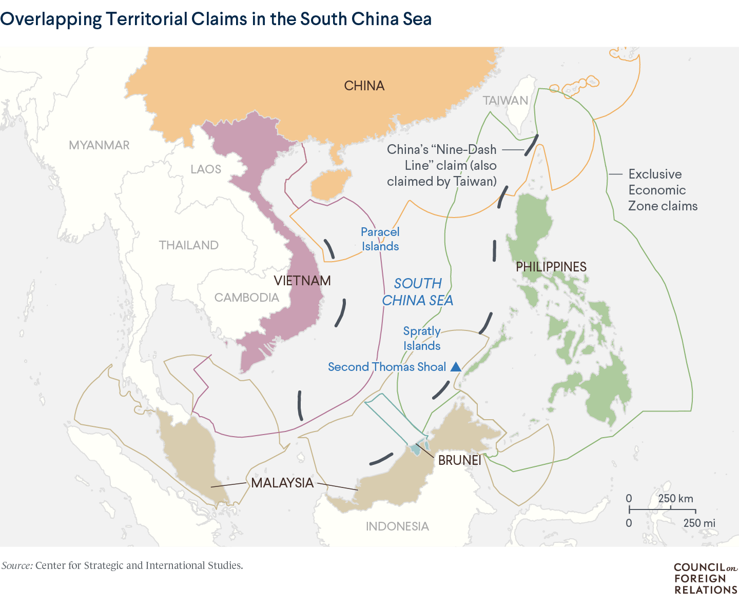 Map of South China Sea showing territorial claims by China, the Philippines, Vietnam and others.
