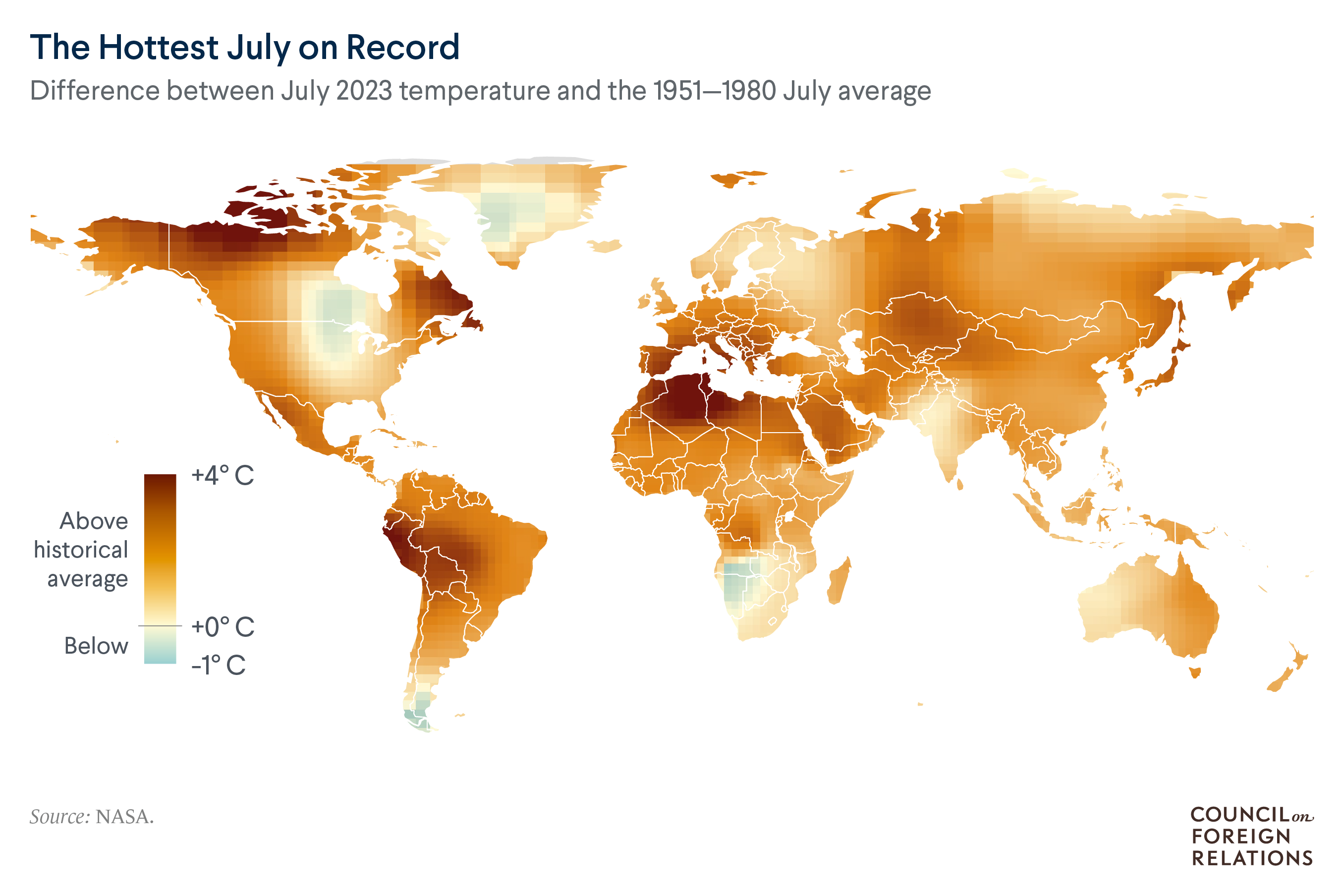 A map showing that in 2023, July was far hotter than in past years