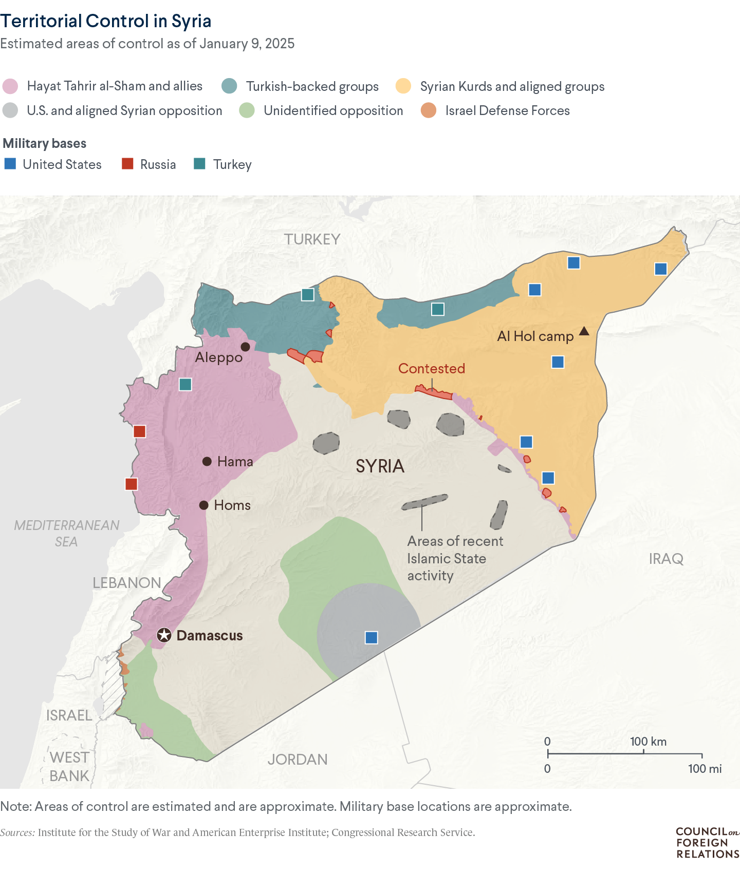 A map of Syria showing the capital controlled by HTS and allies, and several other groups controlling other areas