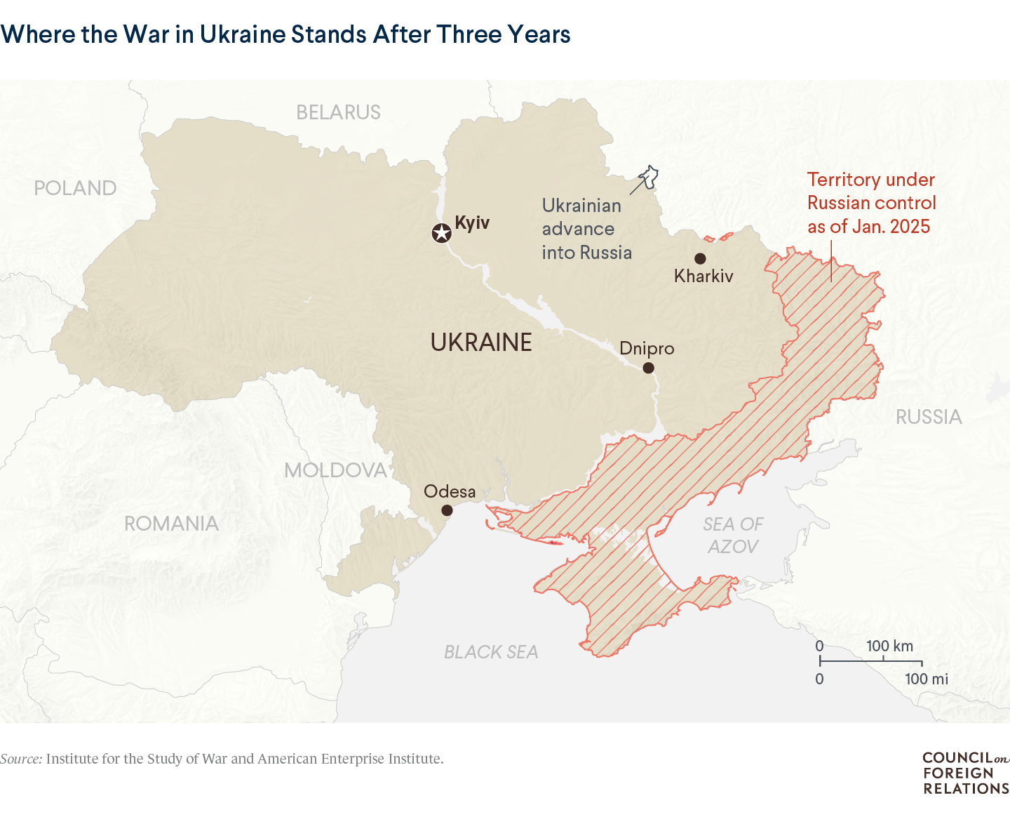 Current front lines in Russia-Ukraine war as of January 2025.