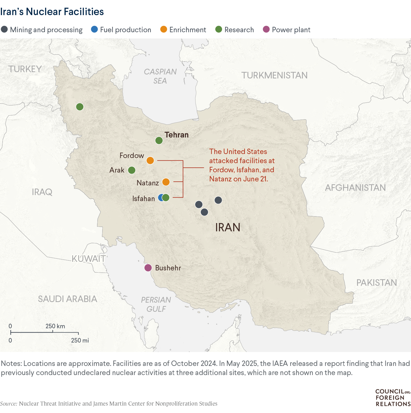 A map of Iran's nuclear sites noting the sites struck by the United States
